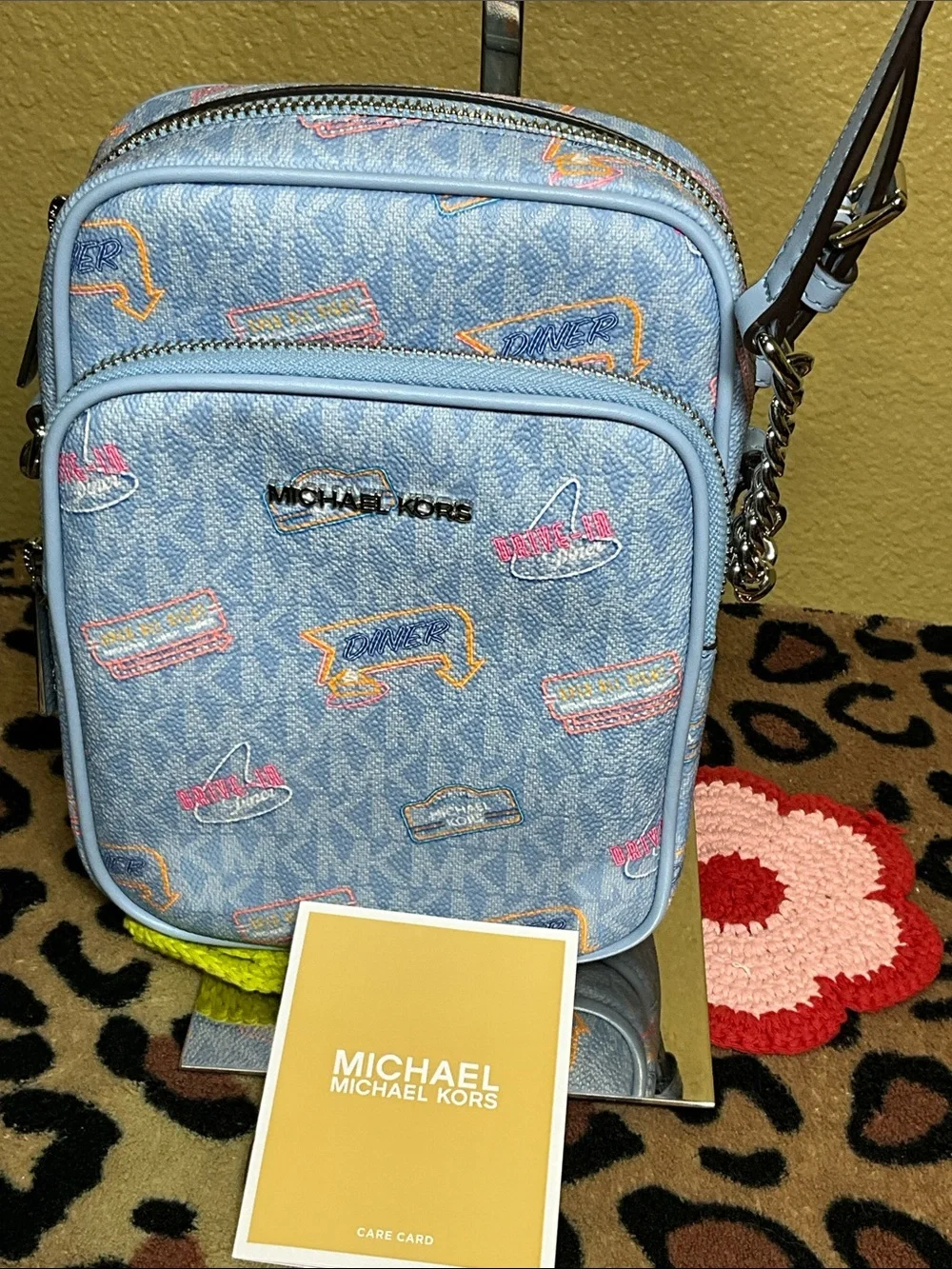 NWOT Michael Kors Baby Blue Crossbody with Multicolor Logo Accents